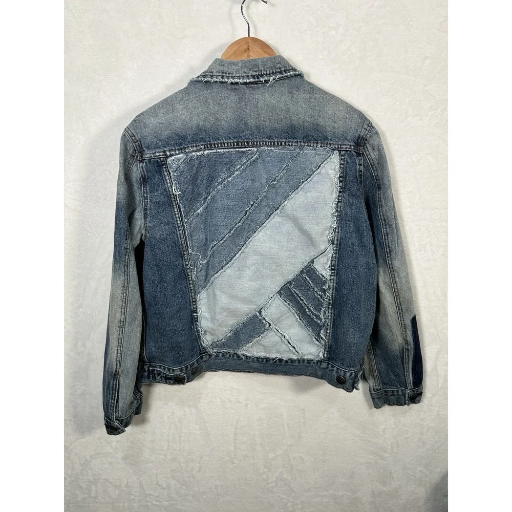 Free People Studded Blue Pub Crawl Denim Jean Jacket Distressed Large L‎ - Picture 3 of 11